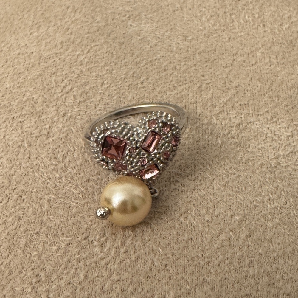 Miu Miu Sterling Silver 925 Crystal Heart Ring Pearl Pink Rhinestone Adjustable - Picture 2 of 9